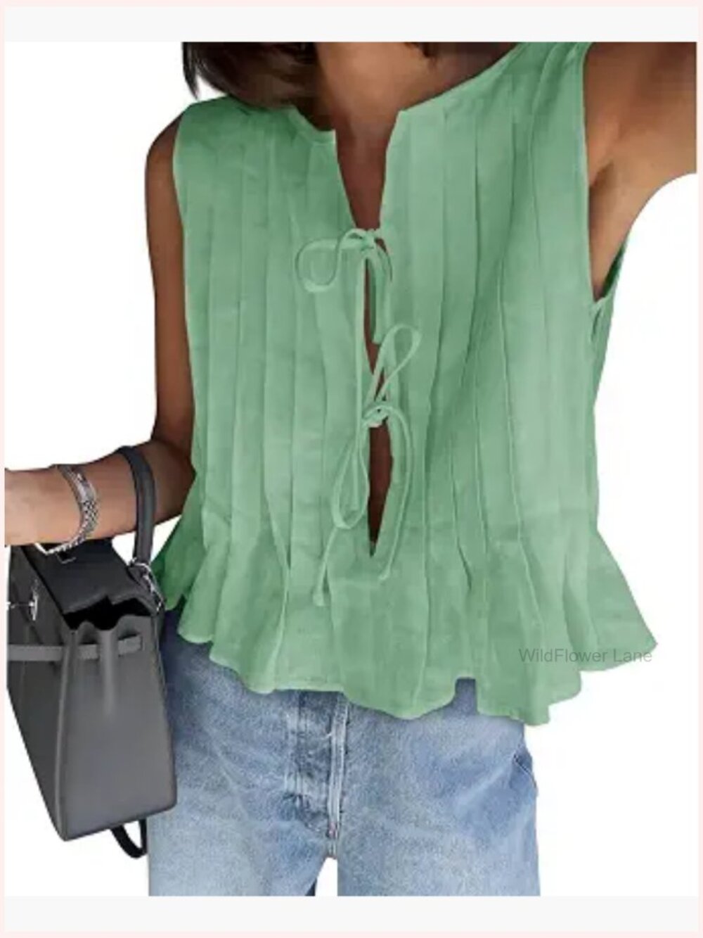 Bow Front Tie Tank Top Pleated Babydoll Sleeveless Cute Coquette Summer